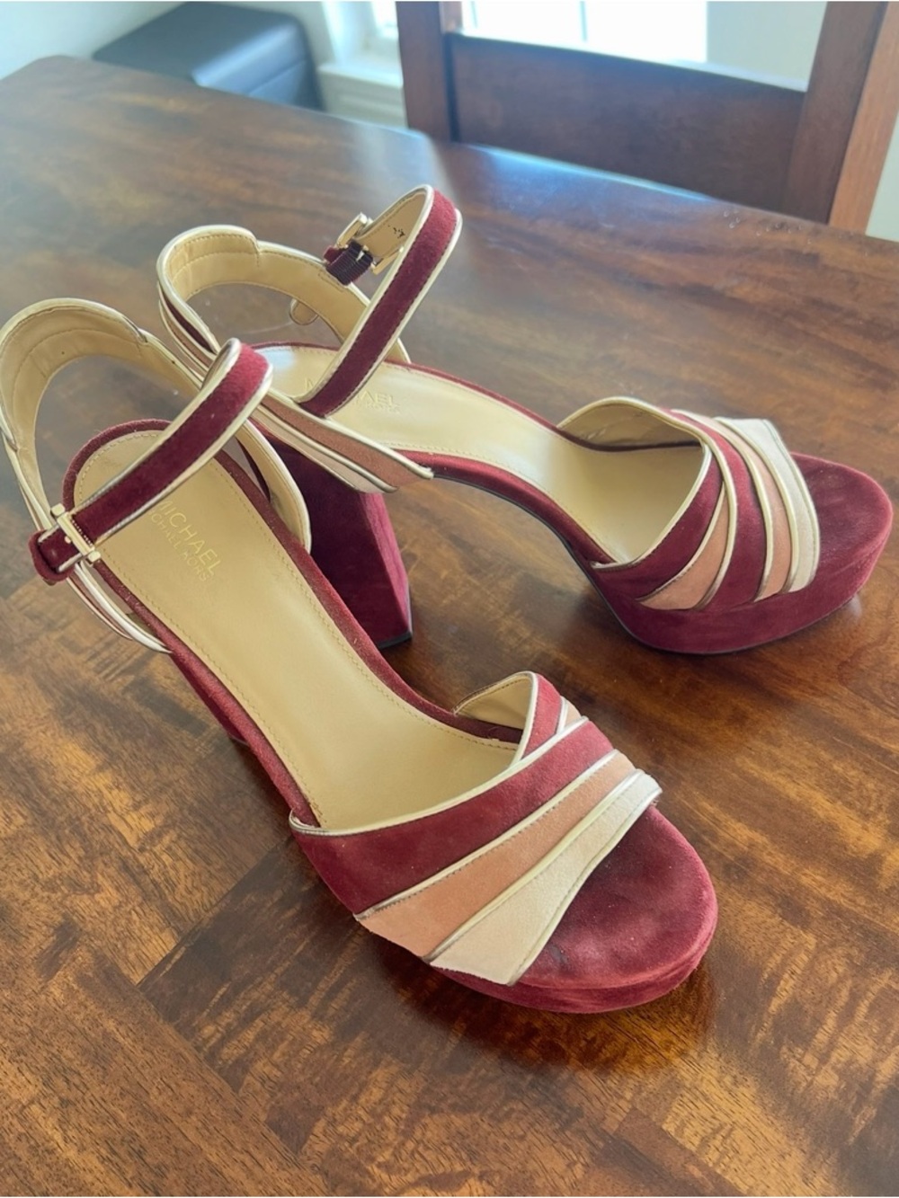 Michael Kors Burgundy Suede Block Heel Sandals with Blush and Cream Straps